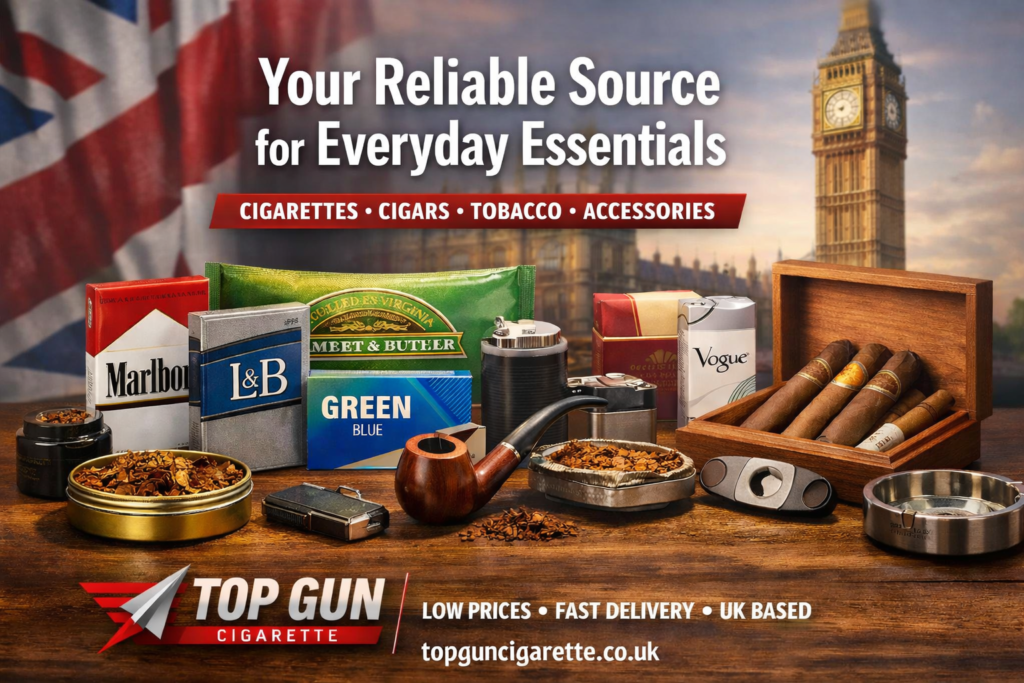 Top Gun Cigarette UK banner featuring cigarettes, cigars, tobacco, and accessories with fast delivery and low prices at topguncigarette.co.uk
