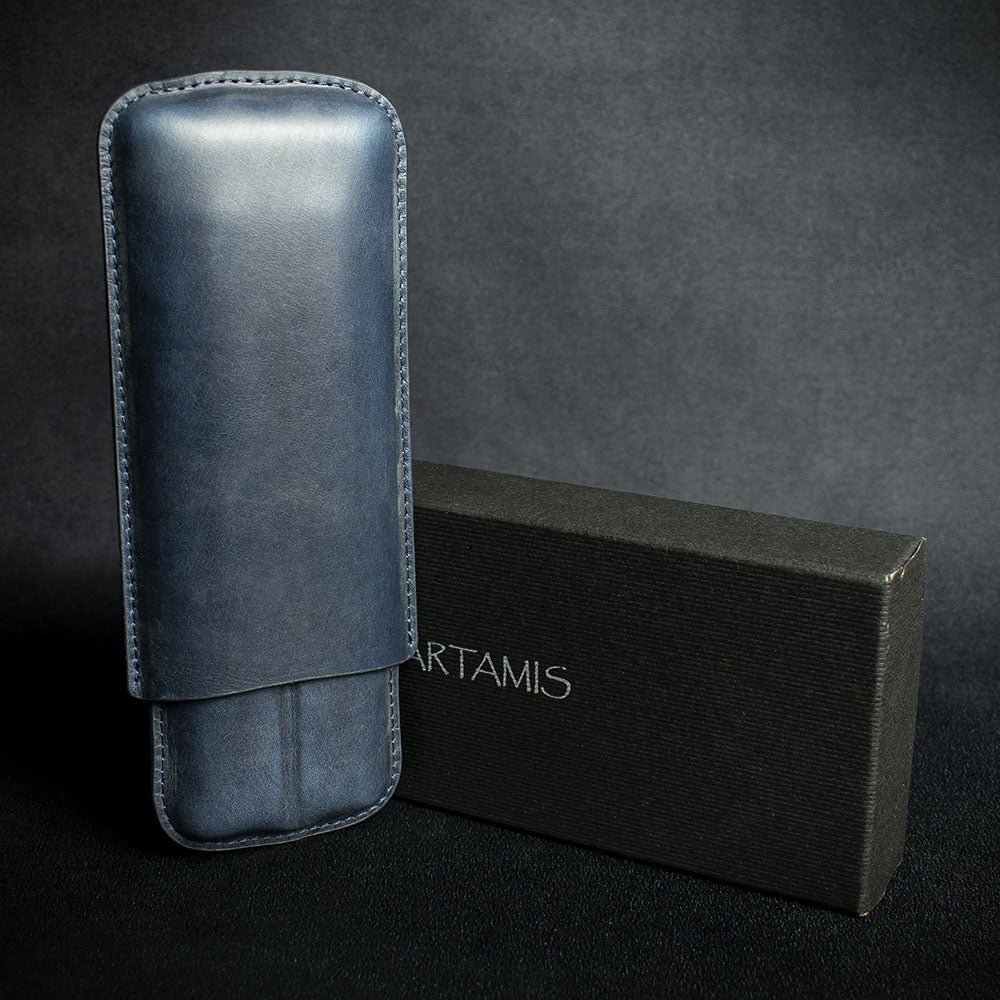 Artamis Navy Blue Leather Cigar Case - 2 Churchills