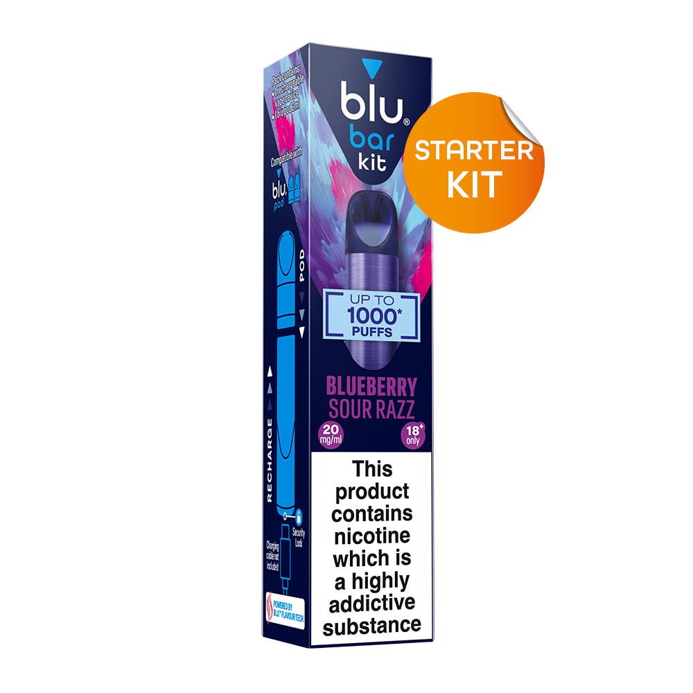 blu bar Starter Kit Rechargeable Device + Blueberry Sour Razz Pod Vape 1000 - 2ml