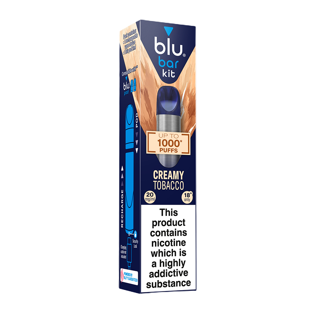 blu bar Starter Kit Rechargeable Device + Creamy Tobacco Pod Vape 1000 - 2ml