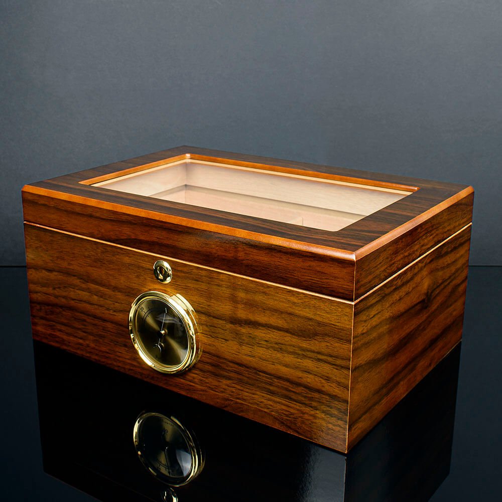 Cigar Humidor Glass Top Walnut Veneer - 75 Cigar Capacity (HU20) Smoke-King