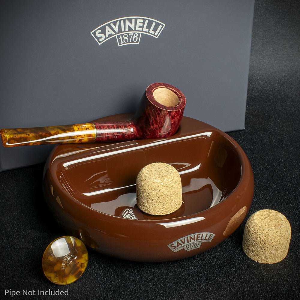 Savinelli Brown Ceramic Ashtray - One Pipe Rest with Cork Knocker