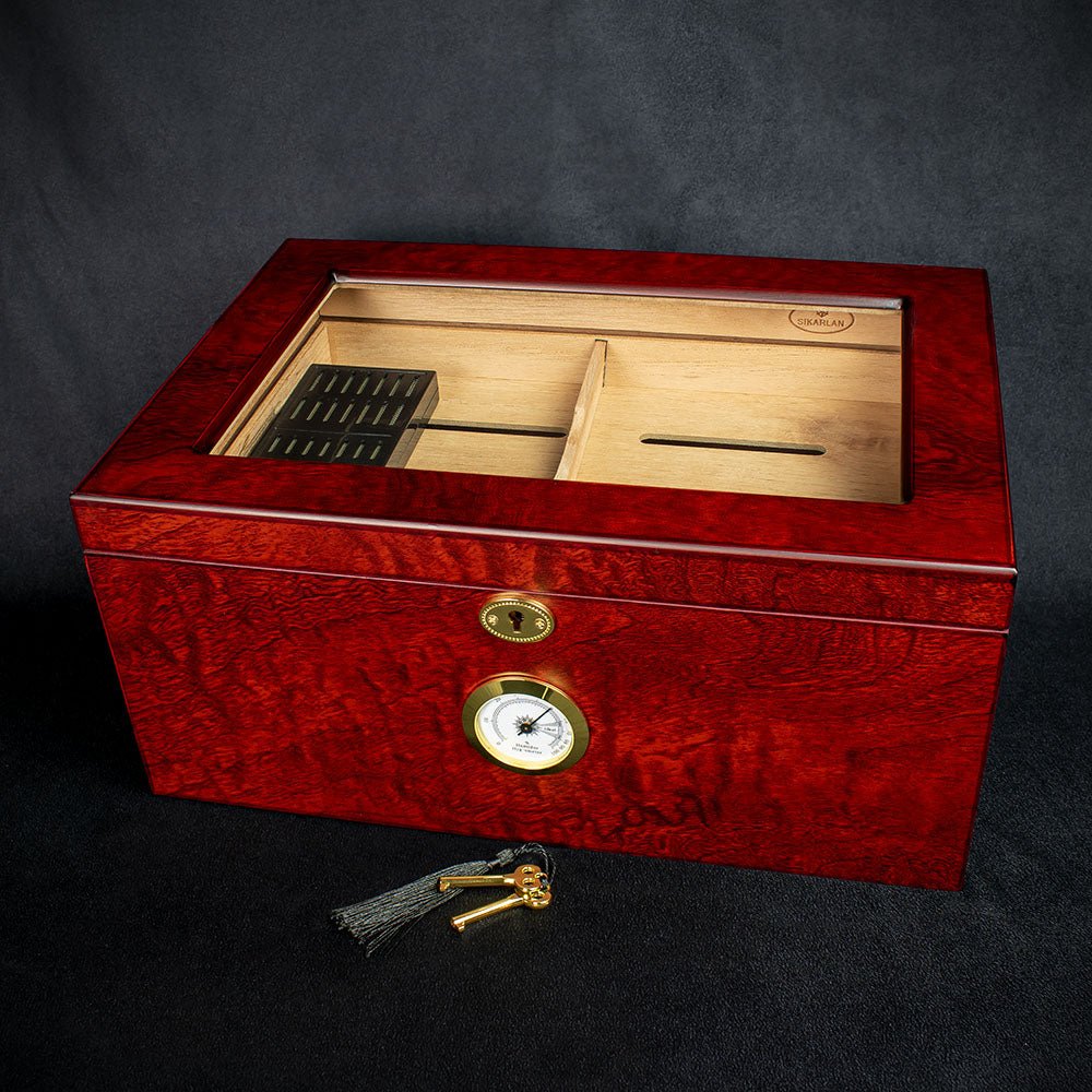 Sikarlan Burbinga Veneer Humidor With Glass Top - 100 Cigars