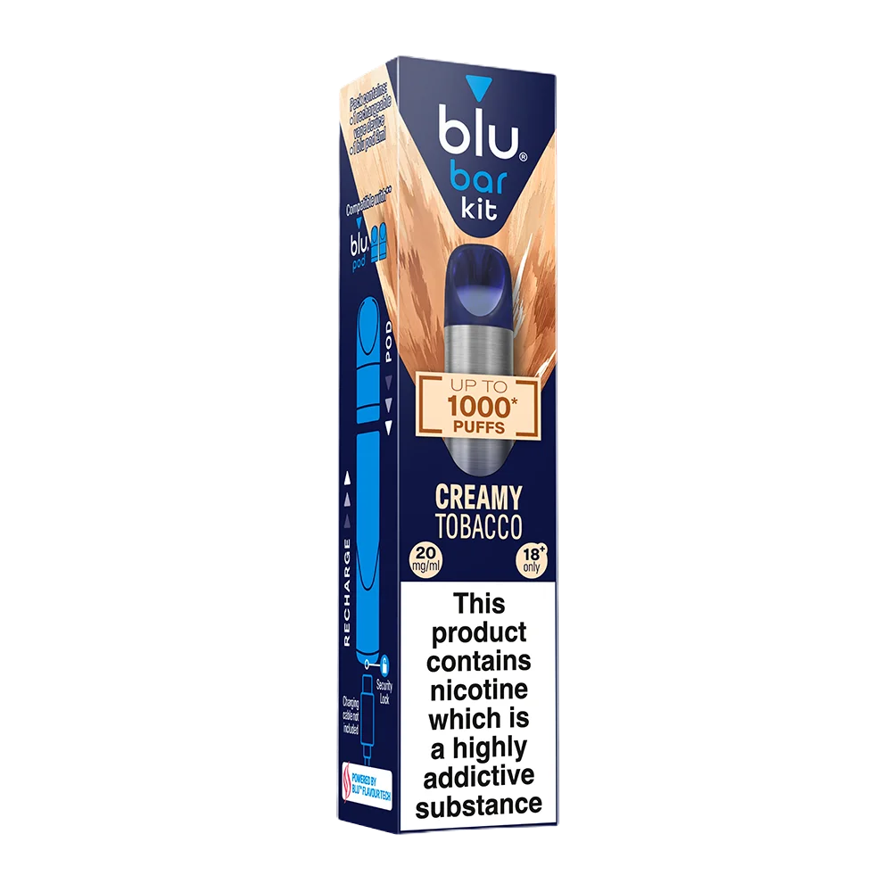 blu bar Starter Kit Rechargeable Device + Creamy Tobacco Pod Vape 1000 - 2ml